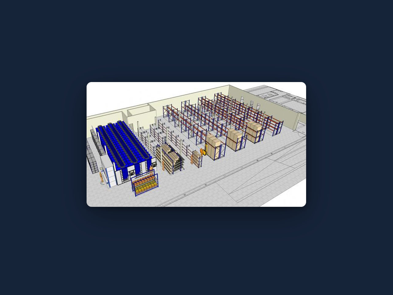 Maqueta 3D del layout de un almacén con filas de estanterías para pallets, racks de cajas y un sector de módulos de almacenamiento azules.