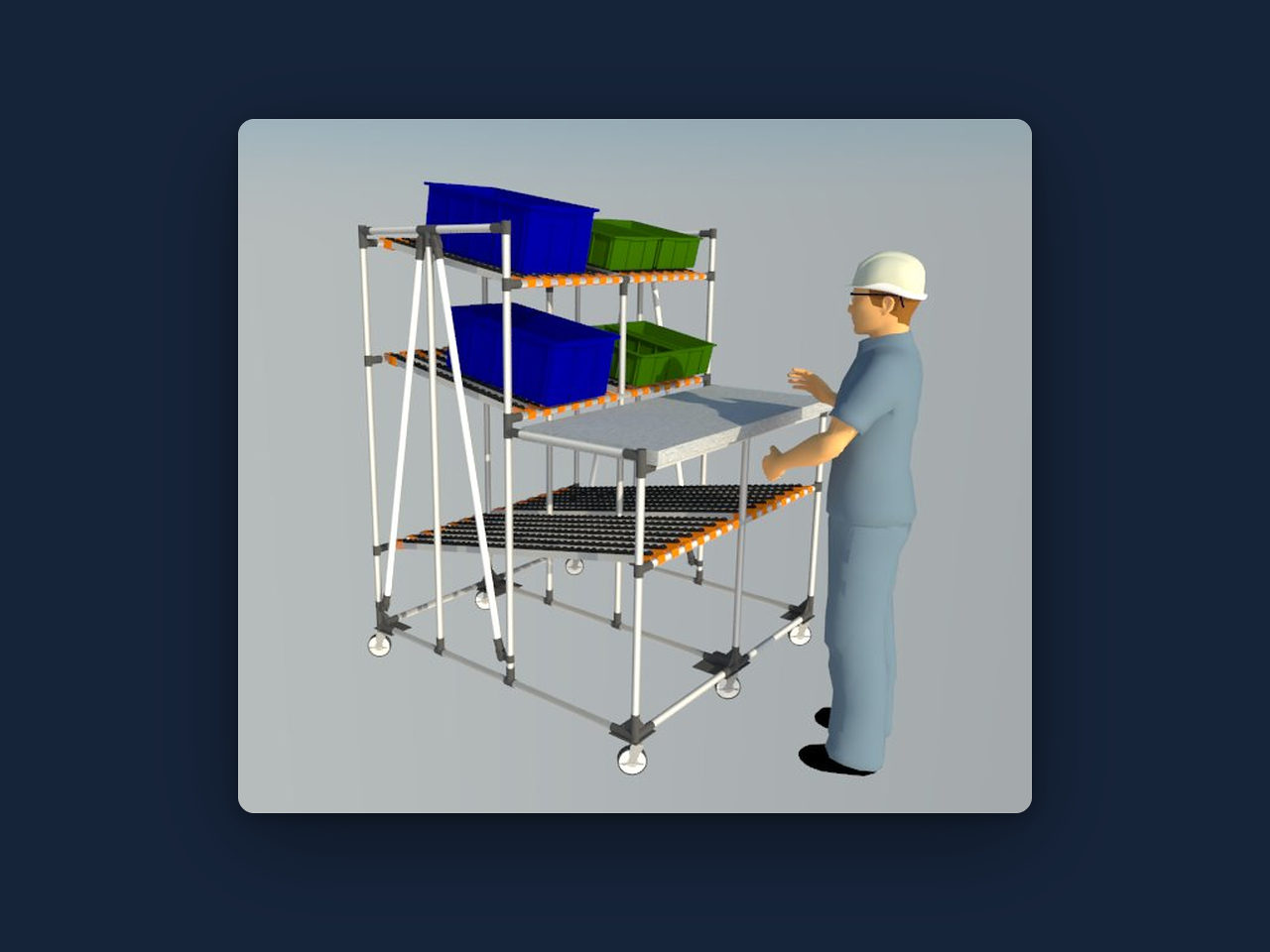 Modelo 3D de un puesto de trabajo armado con sistema tubular: estantes con rodillos para cajas azules y verdes, mesa de trabajo y un operario con casco.