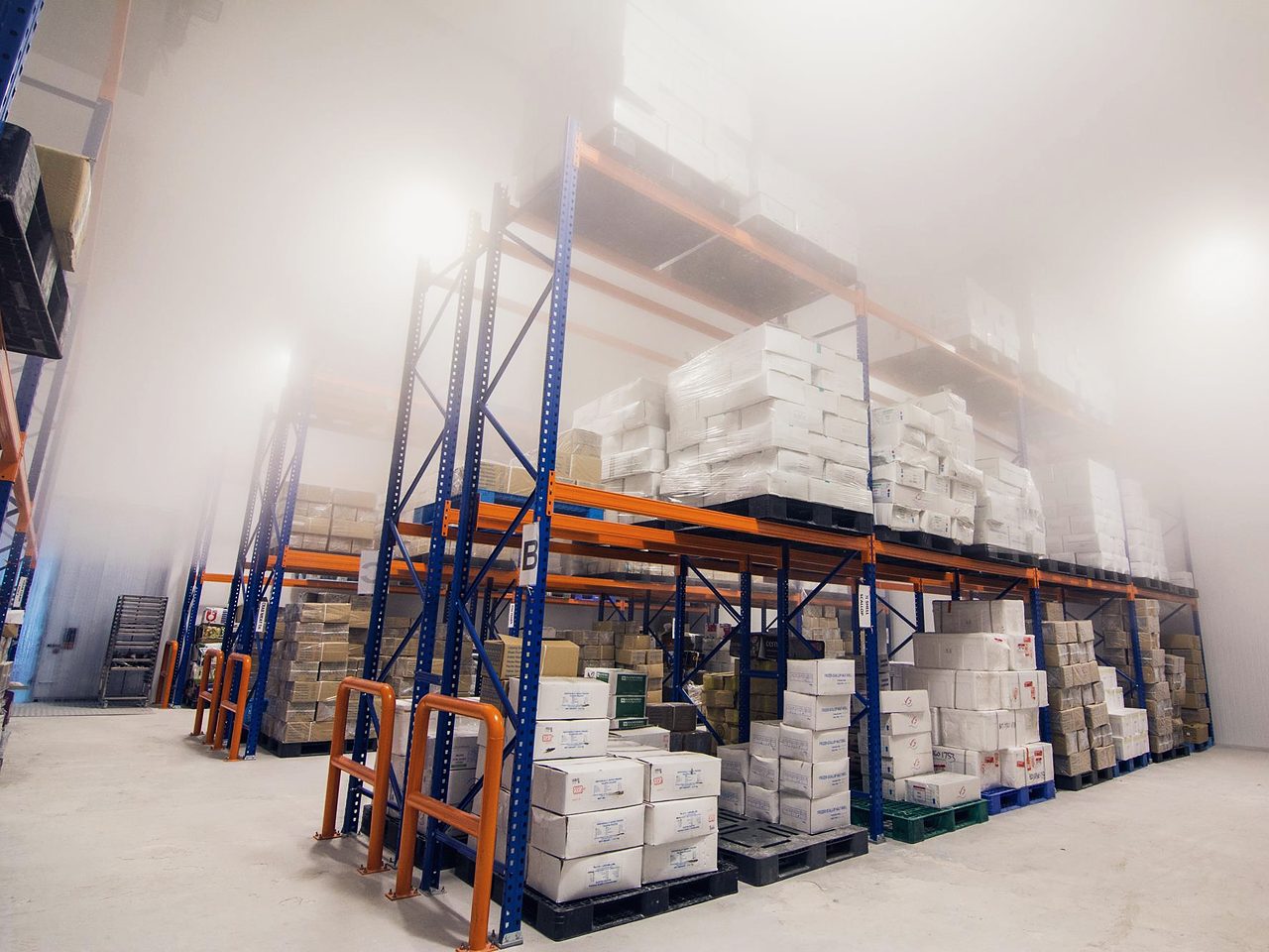 Cámara de congelados con niebla de frío: estanterías de pallets con largueros naranjas, cajas embaladas en varios niveles y protecciones naranjas al pie de los racks.