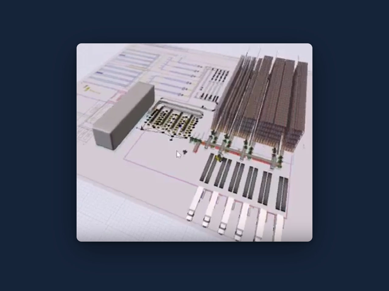 Simulación 3D del layout de un centro de distribución refrigerado, con racks de pallets, sector de picking y muelles de carga.