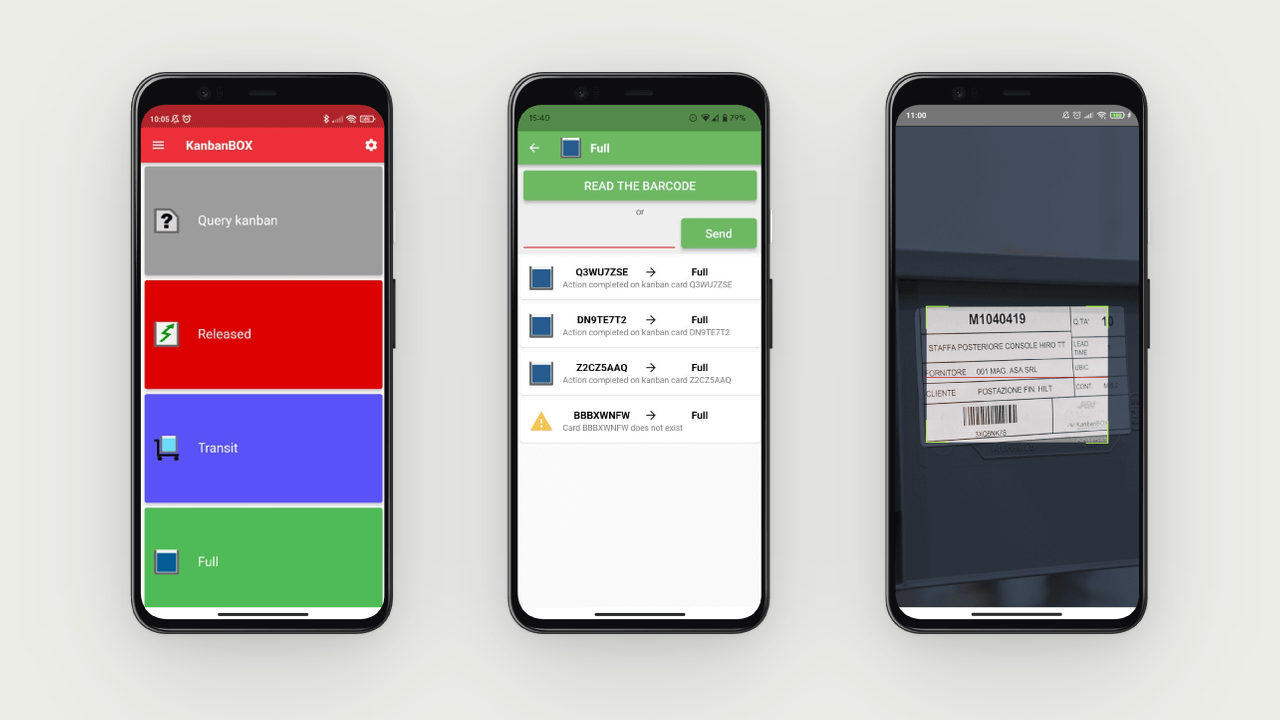 La app de KanbanBOX en tres celulares: estados, lectura de códigos y escaneo con la cámara.