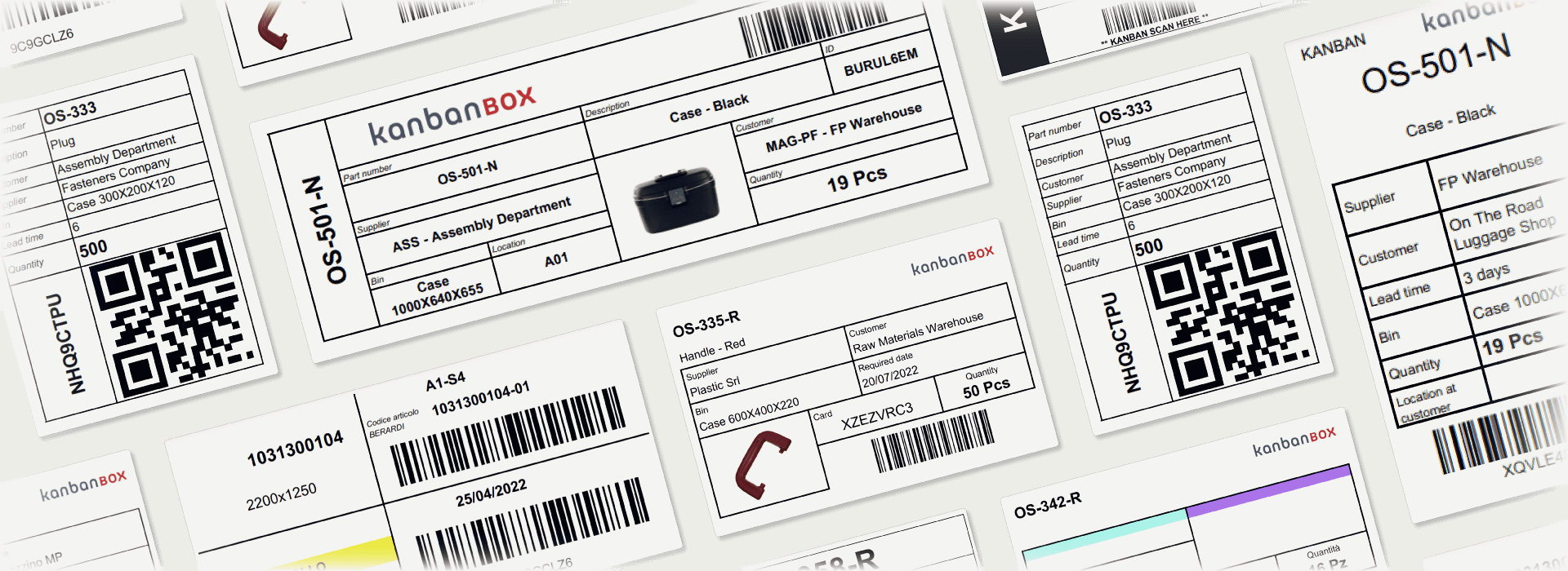 Tarjetas kanban impresas con código de barras, código QR y los datos de cada pieza.